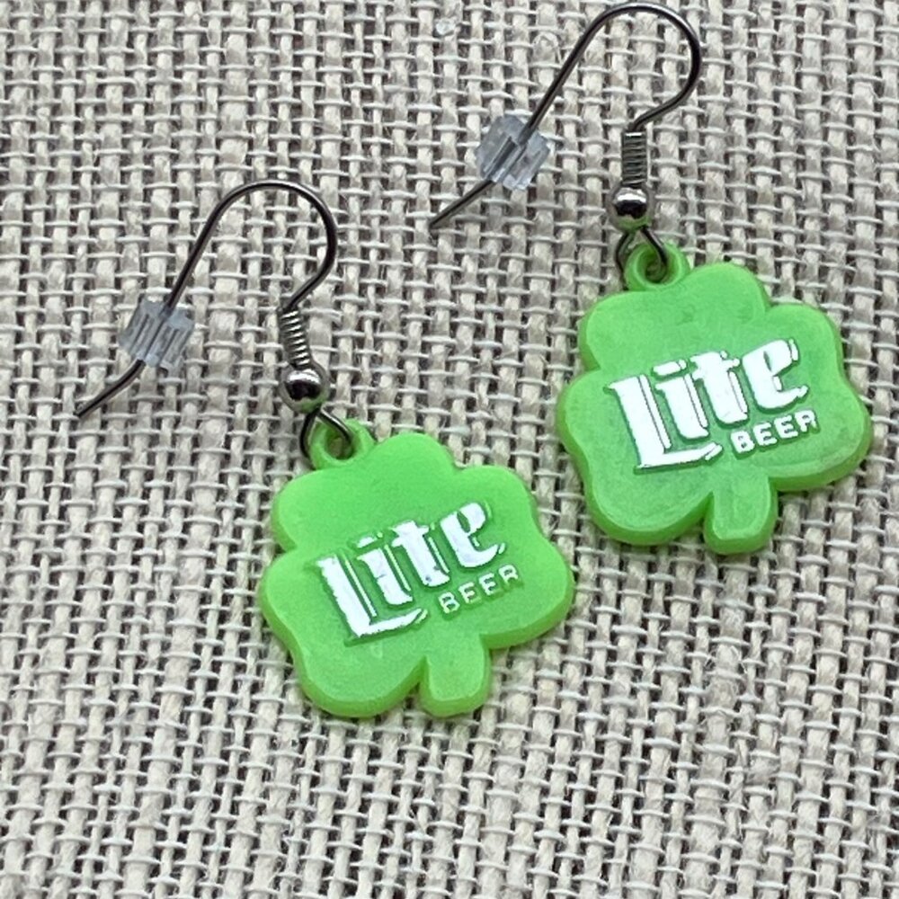 St Patricks Day Irish Earrings 0.75 In Dangle Miller Lite Beer Green Shamrock